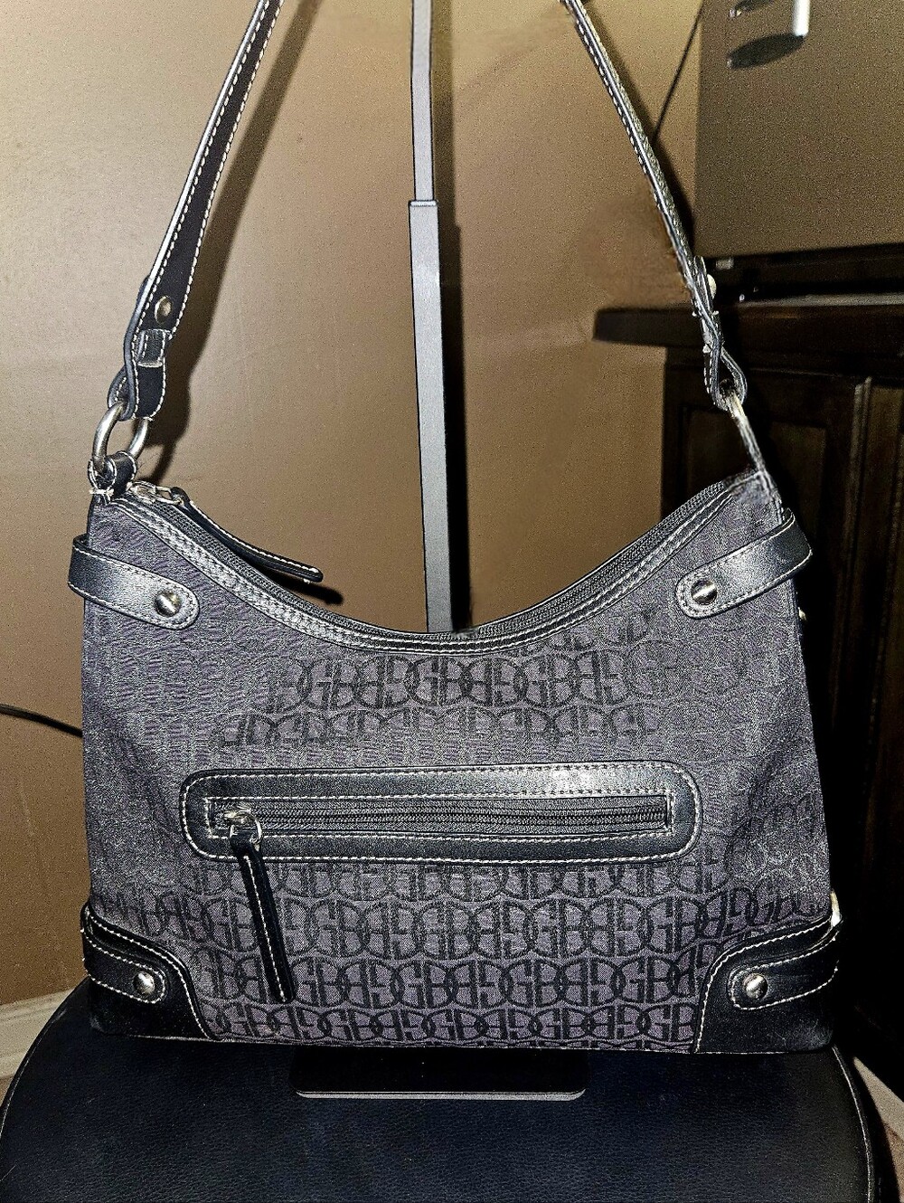 Giani Bernini Black Logo Patterned Shoulder Bag with Leather Trim